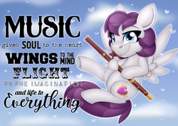 Size: 2383x1683 | Tagged: safe, artist:partylikeanartist, derpibooru import, oc, oc only, pegasus, pony, bassoon, cloud, flying, music, musical instrument, musician, poster, quote, sky, solo, text