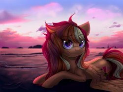 Size: 1024x768 | Tagged: dead source, safe, artist:freckleplant, derpibooru import, oc, oc only, pegasus, pony, beach, commission, female, looking at you, mare, raised eyebrow, scenery, smiling, solo, spread wings, water, wings, ych result