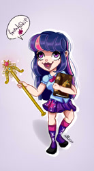 Size: 571x1031 | Tagged: safe, artist:nettacx, twilight sparkle, equestria girls, big crown thingy, book, clothes, cute, human coloration, jewelry, leg warmers, regalia, scepter, shoes, skirt, solo