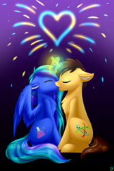 Size: 1024x1536 | Tagged: safe, artist:whitehershey, oc, oc only, alicorn, pony, unicorn, alicorn oc, female, fireworks, glowing horn, kissing, male, mare, oc x oc, shipping, stallion