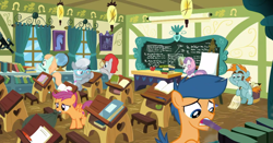 Size: 1366x714 | Tagged: safe, derpibooru import, screencap, first base, peach fuzz, scootaloo, silver spoon, snips, sweetie belle, train tracks (character), pony, unicorn, marks for effort, broom, colt, male, ponyville schoolhouse, school