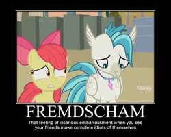 Size: 750x600 | Tagged: safe, derpibooru import, edit, edited screencap, screencap, apple bloom, terramar, earth pony, hippogriff, pony, surf and/or turf, duo, embarrassed, female, filly, fremdschaem, fremdscham, male, motivational poster