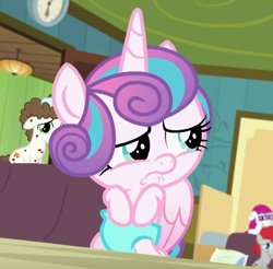 Size: 414x407 | Tagged: safe, screencap, princess flurry heart, super funk, train tracks (character), pony, a flurry of emotions, about to cry, betrayal, betrayed, cropped, diaper, horsey hives, ponyville hospital, sad