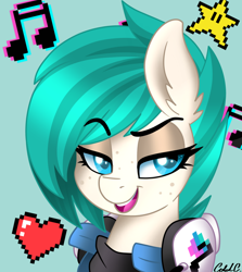 Size: 2650x2970 | Tagged: safe, artist:ciderpunk, derpibooru import, oc, oc:chiptune, earth pony, pony, dreamworks face, headphones, pixels