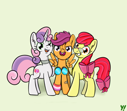 Size: 4000x3500 | Tagged: safe, artist:yakoshi, apple bloom, scootaloo, sweetie belle, pony, cutie mark crusaders, glasses, goggles, older, simple background, smiling, teenager