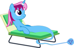 Size: 9761x6400 | Tagged: safe, artist:parclytaxel, derpibooru import, oc, oc only, oc:parcly taxel, alicorn, genie pony, pony, .svg available, absurd resolution, albumin flask, alicorn oc, bottle, chair, cushion, female, genie, horn ring, lawn chair, mare, on back, relaxing, simple background, smiling, solo, transparent background, vector