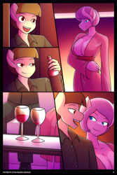 Size: 4200x6300 | Tagged: safe, artist:marik azemus34, diamond tiara, featherweight, anthro, comic:peeping tom, absurd resolution, alcohol, alternate hairstyle, breasts, cleavage, clothes, comic, diamond titiara, feathertiara, flirting, robe, talking, wine