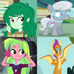 Size: 1000x1000 | Tagged: safe, derpibooru import, edit, edited screencap, screencap, lemon zest, silver spoon, smolder, wallflower blush, dragon, earth pony, human, pony, better together, equestria girls, forgotten friendship, friendship games, school daze, bow, claws, cutie mark, dragon wings, dragoness, exploitable meme, fangs, female, filly, flying, glasses, grin, horns, meme, open mouth, pigtails, same voice actor, shannon chan-kent, smiling, spread wings, wings, wrong aspect ratio