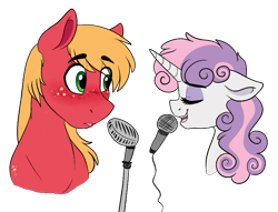 Size: 805x616 | Tagged: safe, artist:saphi-boo, derpibooru import, big macintosh, sweetie belle, blushing, bust, eyes closed, female, male, microphone, older, older sweetie belle, shipping, simple background, straight, sweetiemac, transparent background