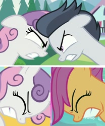 Size: 1172x1407 | Tagged: safe, derpibooru import, screencap, rumble, scootaloo, sweetie belle, pegasus, pony, unicorn, marks and recreation, surf and/or turf, angry, colt, comparison, eye contact, eyes closed, female, filly, floppy ears, glare, gritted teeth, headbutt, looking at each other, male