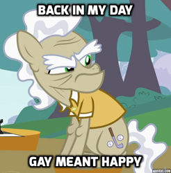 Size: 546x556 | Tagged: safe, edit, edited screencap, screencap, geri, pony, the cutie pox, clothes, have a gay old time, image macro, meme, solo