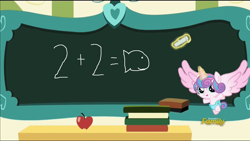 Size: 1280x720 | Tagged: safe, screencap, princess flurry heart, pony, a flurry of emotions, book, chalk, chalkboard, exploitable meme, flurry art, flurry heart's chalkboard, food, math, meme, solo, the fairly oddparents