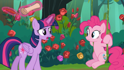 Size: 1920x1080 | Tagged: safe, derpibooru import, screencap, pinkie pie, twilight sparkle, twilight sparkle (alicorn), alicorn, earth pony, pony, the mean 6, flower, forest, glowing horn, magic, quill, rose, scroll, swing, telekinesis