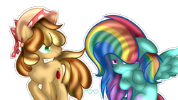 Size: 1920x1080 | Tagged: safe, artist:macaroonburst, derpibooru import, oc, oc only, oc:apple bud, oc:starry heart, earth pony, pegasus, pony, base used, crossed arms, female, mare, offspring, parent:applejack, parent:caramel, parent:rainbow dash, parents:carajack, rainbow hair, simple background, transparent background