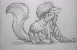 Size: 2120x1400 | Tagged: safe, artist:lillucy6, derpibooru import, oc, oc only, oc:rainbow ink, bat wings, braid, fluffy, grayscale, monochrome, solo, traditional art