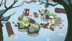 Size: 1920x1080 | Tagged: safe, derpibooru import, screencap, yona, yak, the hearth's warming club, calf, cloven hooves, female, grin, happy, horn ring, log, male, smiling, snilldarfest, snow, tree, winter, yak calf, yona's family, yona's mom