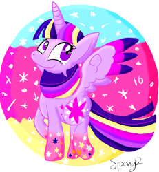 Size: 5000x5414 | Tagged: safe, artist:spony12, derpibooru import, twilight sparkle, twilight sparkle (alicorn), alicorn, pony, absurd resolution, female, mare, rainbow power, smiling, solo, spread wings, starry eyes, wingding eyes