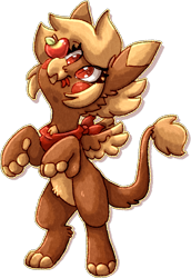 Size: 1148x1666 | Tagged: safe, artist:crunchycrowe, derpibooru import, oc, oc:crunchy, griffon, apple, balancing, bandana, cute, female, food, full body, leonine tail, paws, ponysona, red eyes, simple background, solo, standing, tongue out, wings