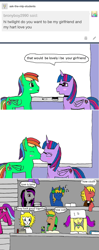 Size: 1047x2640 | Tagged: safe, artist:ask-luciavampire, twilight sparkle, twilight sparkle (alicorn), oc, alicorn, pony, ask, comic, kissing, student, tumblr, tumblr:ask-the-mlp-students