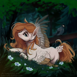 Size: 1280x1280 | Tagged: safe, artist:tabu-rat, derpibooru import, oc, oc only, oc:arvensis, oc:joe the crow, bird, crow, pegasus, pony, butt fluff, chest fluff, colored wings, colored wingtips, crying, ear fluff, female, flower, fluffy, forest, frown, glowing eyes, grass, hooded crow, lidded eyes, looking at you, mare, nature, neck fluff, pet oc, prone, solo, spread wings, tail feathers, wing fluff, wings, ych result