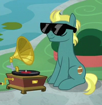 Size: 202x207 | Tagged: safe, derpibooru import, screencap, end zone, earth pony, pony, non-compete clause, background pony, cropped, cute, eyes closed, friendship student, gramophone, male, sitting, smiling, solo, stallion, sunglasses, zoneabetes