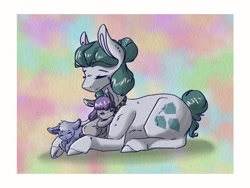 Size: 2048x1536 | Tagged: safe, artist:artfestation, derpibooru import, cloudy quartz, limestone pie, maud pie, earth pony, pony, abstract background, baby, baby pony, eyes closed, female, mare, mother and child, mother and daughter, parent and child, prone