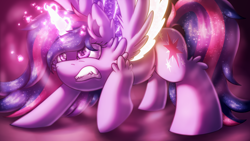 Size: 1920x1080 | Tagged: safe, artist:shad0w-galaxy, derpibooru import, twilight sparkle, twilight sparkle (alicorn), alicorn, pony, crouching, female, glowing horn, mare, solo