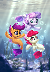 Size: 850x1200 | Tagged: safe, artist:assasinmonkey, derpibooru import, apple bloom, scootaloo, sweetie belle, pony, seapony (g4), surf and/or turf, bow, bubble, cutie mark crusaders, female, hair bow, sea-mcs, seaponified, seapony apple bloom, seapony scootaloo, seapony sweetie belle, species swap, trio, underwater
