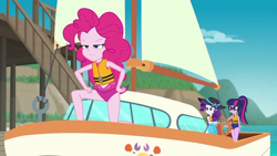 Size: 1280x720 | Tagged: safe, derpibooru import, screencap, pinkie pie, rarity, sci-twi, twilight sparkle, equestria girls, equestria girls series, the salty sails, boat dock, clothes, cupcake, food, glasses, hat, lifejacket, ocean, pose, sailboat, sailing, ship, sun hat, swimsuit