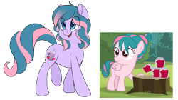 Size: 5700x3200 | Tagged: safe, artist:fluffyxai, derpibooru import, tulip swirl, oc, oc:berry twist, earth pony, pegasus, pony, marks and recreation, comparison, female, filly, mare, siblings, simple background, sisters, transparent background, tree stump