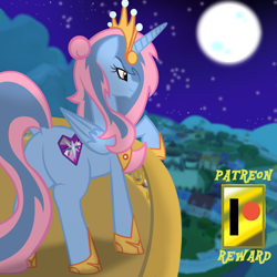 Size: 2200x2196 | Tagged: safe, artist:succubi samus, derpibooru import, oc, oc:princess sorraia, alicorn, pony, alicorn oc, balcony, canterlot, cutie mark, female, jewelry, mare, moon, mountain, night, patreon, patreon logo, patreon reward, princess, raised hoof, regalia