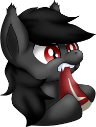 Size: 2123x2824 | Tagged: safe, artist:dratze, derpibooru import, oc, oc only, oc:qetesh, bat pony, pony, bat pony oc, digital art, eating, fangs, female, food, high res, mare, meat, simple background, steak, transparent background