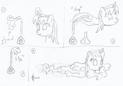 Size: 1617x1140 | Tagged: safe, artist:parclytaxel, derpibooru import, oc, oc only, oc:parcly taxel, alicorn, genie pony, goo pony, original species, pony, albumin flask, alicorn oc, bottle, descriptive noise, erlenmeyer flask, female, genie, glycerol, horn ring, levitation, lineart, magic, mare, monochrome, pencil drawing, smiling, solo, telekinesis, traditional art, transformation, transformation sequence