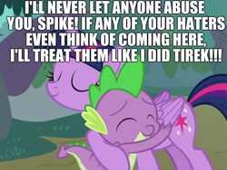 Size: 1440x1080 | Tagged: safe, derpibooru import, edit, edited screencap, editor:useraccount, screencap, lord tirek, spike, twilight sparkle, twilight sparkle (alicorn), alicorn, dragon, abuse, excessive exclamation marks, hug, image macro, meme, spike drama, spike justice warriors, spikeabuse, spikelove