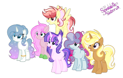 Size: 3033x1929 | Tagged: safe, artist:101xsplattyx101, derpibooru import, oc, oc only, oc:diamond gradient, oc:lightning star, oc:lucky clover, oc:spring flame, oc:starshine century, oc:sugar cake, dracony, earth pony, hybrid, pegasus, pony, unicorn, female, mare, offspring, parent:applejack, parent:fancypants, parent:flash magnus, parent:fluttershy, parent:party favor, parent:pinkie pie, parent:rainbow dash, parent:rarity, parent:spike, parent:trenderhoof, parents:dashmagnus, parents:flashlighy, parents:flutterspike, parents:partypie, parents:raripants, parents:trenderjack, simple background, transparent background