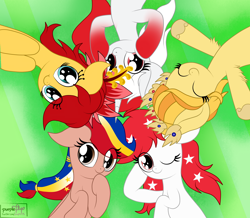 Size: 3000x2618 | Tagged: safe, artist:kimjoman, derpibooru import, oc, oc only, oc:indonisty, oc:kwankao, oc:pearl shine, oc:rosa blossomheart, oc:temmy, earth pony, pegasus, pony, accessories, cute, eyes closed, female, flower, fluffy, hooves on face, jewelry, looking at you, lying, nation ponies, one eye closed, philippines, project seaponycon, singapore, spread hooves, wink