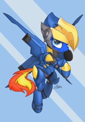 Size: 1512x2160 | Tagged: safe, alternate version, artist:airfly-pony, derpibooru exclusive, derpibooru import, oc, oc only, oc:wing hurricane, pegasus, pony, angry, armor, armored pony, base used, crossover, female, flying, looking at you, old art, overwatch, pharah, rcf community, reference, rule 63, solo