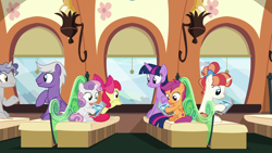 Size: 1920x1080 | Tagged: safe, derpibooru import, screencap, apple bloom, rainbow stars, scootaloo, silver script, star bright, sweetie belle, twilight sparkle, twilight sparkle (alicorn), alicorn, earth pony, pony, unicorn, surf and/or turf, cutie mark crusaders, reading, train