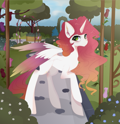 Size: 3519x3631 | Tagged: safe, artist:xsatanielx, derpibooru import, oc, oc only, oc:reina, alicorn, pony, alicorn oc, april fools day, digital art, female, garden, high res, mare, pony princess, rcf community, solo