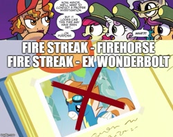 Size: 629x499 | Tagged: safe, derpibooru import, apple bloom, fire streak, mayor mare, scootaloo, sweetie belle, pony, spoiler:comic, fire streak (idw), firefighter, wonderbolts