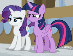 Size: 1367x1056 | Tagged: safe, derpibooru import, screencap, rarity, twilight sparkle, twilight sparkle (alicorn), alicorn, pony, unicorn, friendship university, angry, cropped, discovery family logo, duo, female, frown, mare, narrowed eyes, raised eyebrow, unimpressed