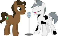 Size: 10181x6400 | Tagged: safe, artist:parclytaxel, oc, oc only, oc:eurobeat joe, oc:eurobeat ralph, earth pony, pony, unicorn, .svg available, absurd resolution, coat markings, commission, duo, eyes closed, male, microphone, simple background, singing, spots, stallion, transparent background, vector