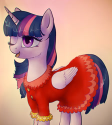 Size: 1327x1481 | Tagged: safe, artist:plotcore, twilight sparkle, twilight sparkle (alicorn), alicorn, pony, /mlp/, clothes, cute, drawthread, dress, one eye closed, solo, too poofy, wink