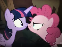 Size: 4032x3024 | Tagged: safe, derpibooru import, screencap, pinkie pie, twilight sparkle, twilight sparkle (alicorn), alicorn, earth pony, pony, the mean 6, boop, cropped, duo, noseboop, scrunchy face