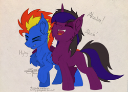 Size: 1280x923 | Tagged: safe, artist:airfly-pony, derpibooru import, edit, oc, oc only, oc:dark arreb, oc:wing hurricane, digital art, duo, friends, friendship, gift art, laughing, male, rcf community, sfw edit, sketch, stallion, traditional art