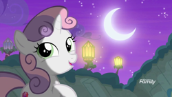 Size: 1280x720 | Tagged: safe, derpibooru import, screencap, sweetie belle, pony, unicorn, surf and/or turf, crescent moon, cute, female, filly, moon, moonlight, night, raised hoof, solo, your heart is in two places