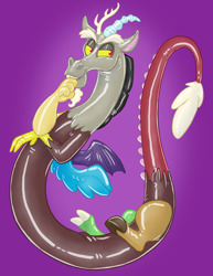 Size: 800x1035 | Tagged: safe, artist:hornbuckle, derpibooru import, discord, draconequus, latex, male, purple background, rubber, simple background, solo