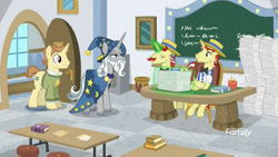 Size: 1920x1080 | Tagged: safe, derpibooru import, screencap, alpha beta, flam, flim, star swirl the bearded, pony, unicorn, friendship university, background pony, book, chair, chalkboard, classroom, clothes, desk, flim flam brothers, glowing horn, las pegasus resident, levitation, magic, magic aura, male, pencil, sitting, stallion, sweater, telekinesis