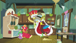 Size: 1280x720 | Tagged: safe, derpibooru import, screencap, big macintosh, discord, spike, draconequus, dragon, earth pony, pony, the break up breakdown, animation error, cape, clothes, crown, discord scepter, jewelry, king discord, male, missing cutie mark, regalia, scepter, spoiler, stallion, twilight scepter