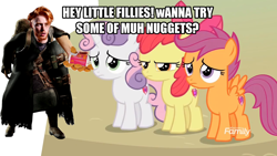 Size: 1360x768 | Tagged: safe, derpibooru import, edit, edited screencap, screencap, apple bloom, scootaloo, sweetie belle, surf and/or turf, cutie mark crusaders, image macro, mcdonald's, meme, resident evil 4, wat